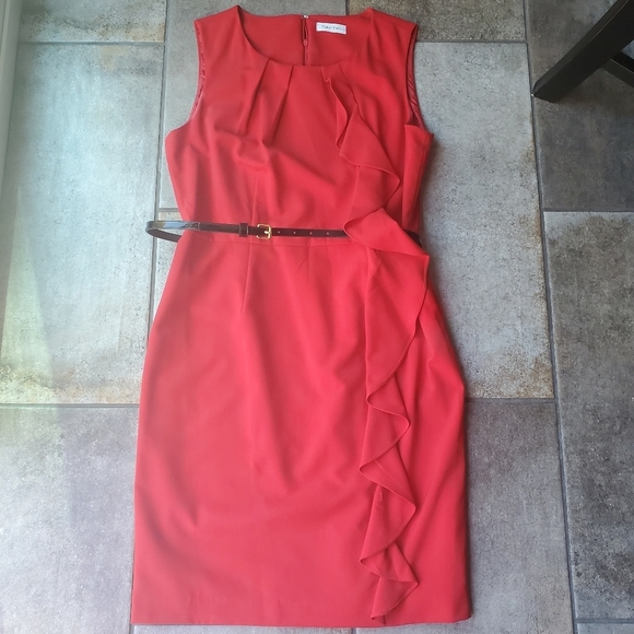 Calvin Klein Dresses & Skirts - Calvin Klein Red Sheath Dress Slit Ruffle Black Belt Preppy Work Valentines Day